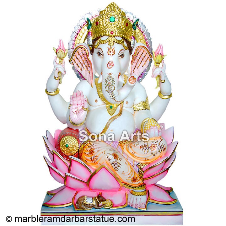 Marble Ganesh Statue Sitting on louts