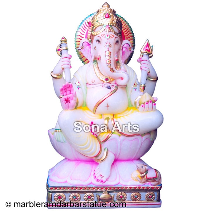 Marble Seated Ganesha With Rat