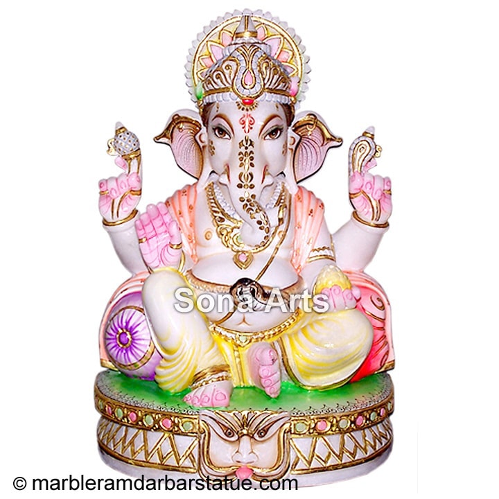 Marble Ganesh Seated On Beautiful Base