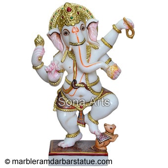 Dancing Ganesh White Marble Statue