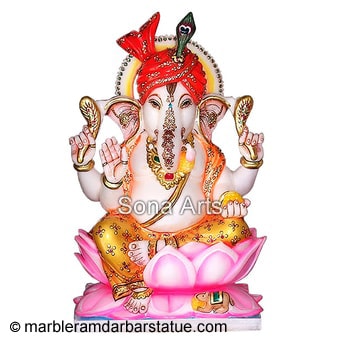 Marble Abhaya Ganesha Statue Wearing Turban