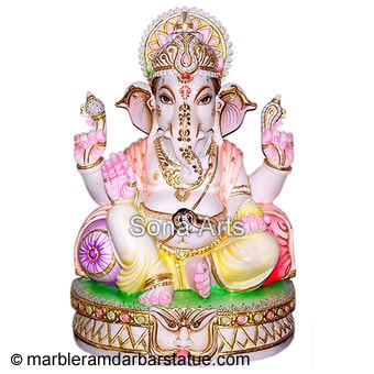 Marble Ganesh Seated On Beautiful Base