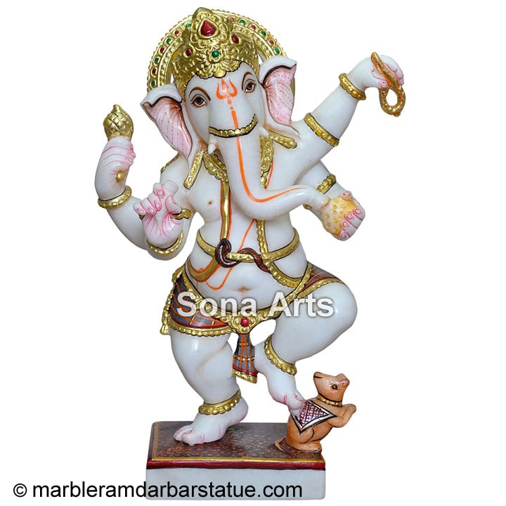 Dancing Ganesh White Marble Statue