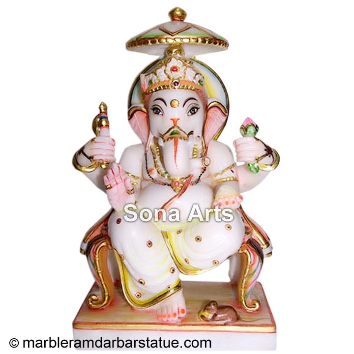 Marble Painted Ganesh Carving Statue