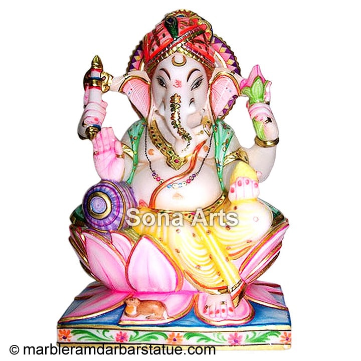 Marble Ganesh Statue on Pink Lotus
