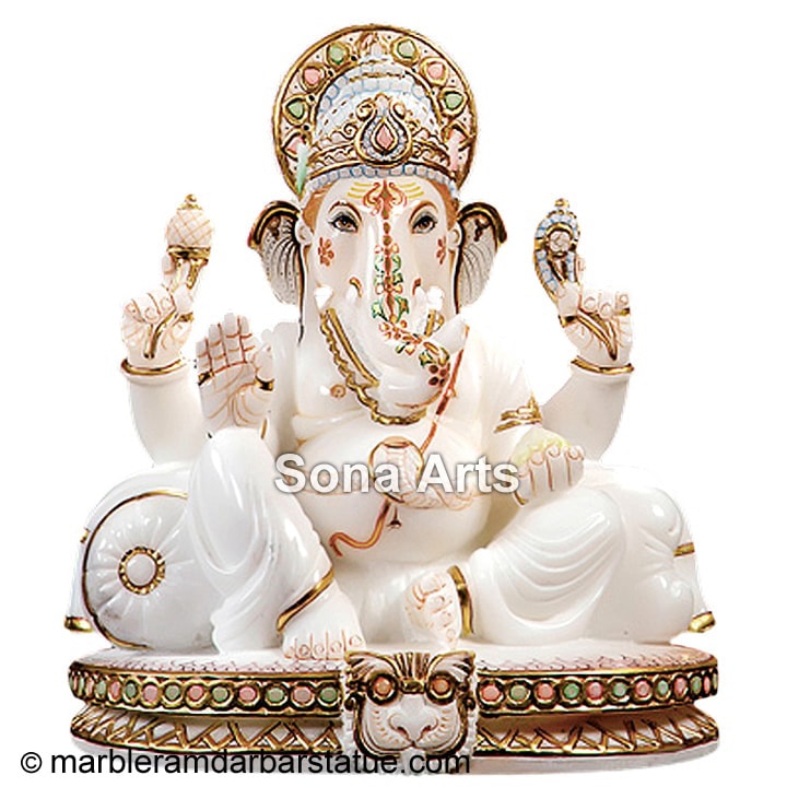 White Marble Ganesh Statues With Gold Ornament