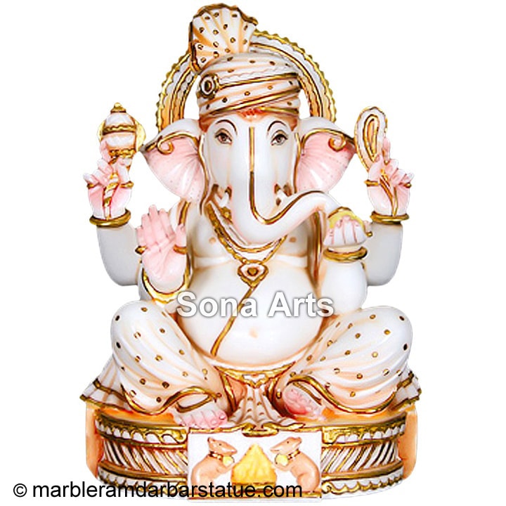 Marble Seated Ganesha With Rat