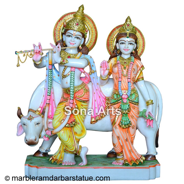 Marble Radha Krishna Statue with cow