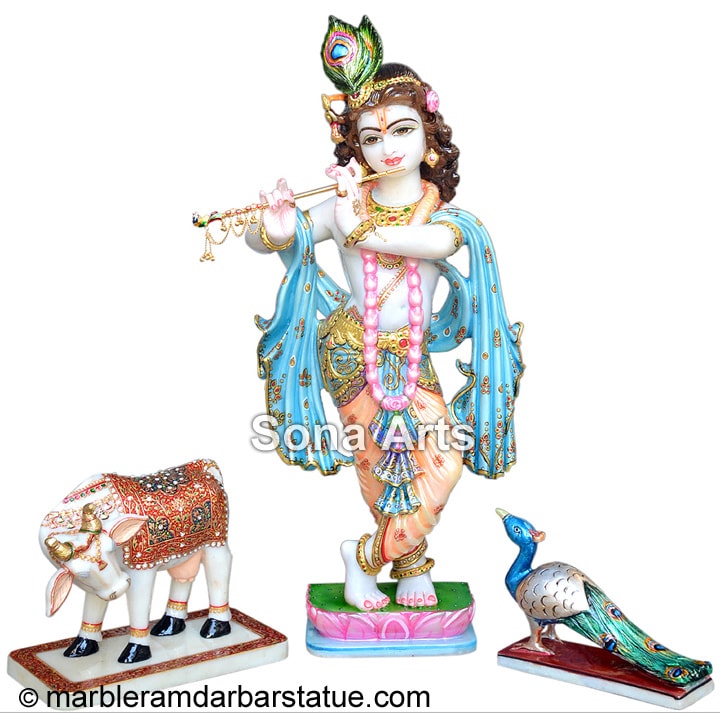 Lord Krishna with Cow and Peacock Statue