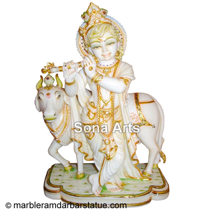 Krishna with cow marble statue
