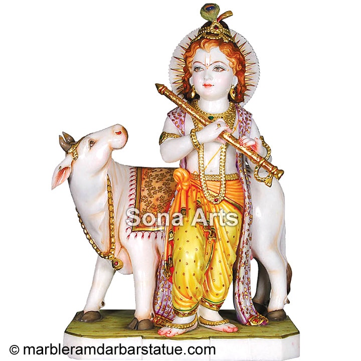Marble Krishna Statue with Cow