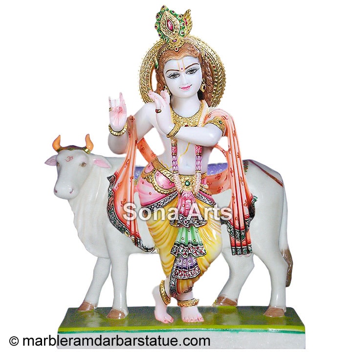 Marble Idol of Krishna Statue with Cow