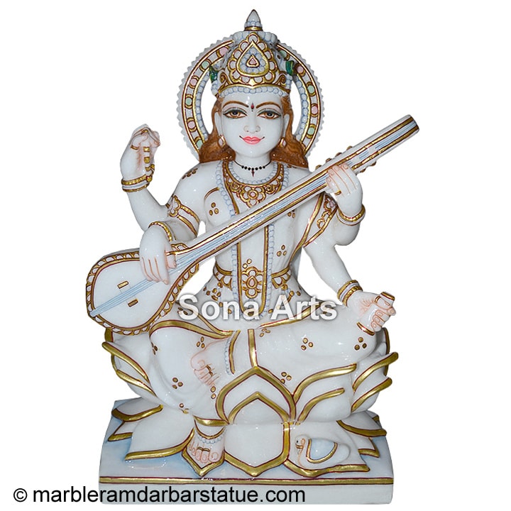 Marble Saraswati Maa Statue On Lotus