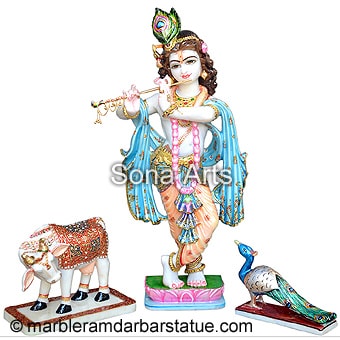 Lord Krishna with Cow and Peacock Statue